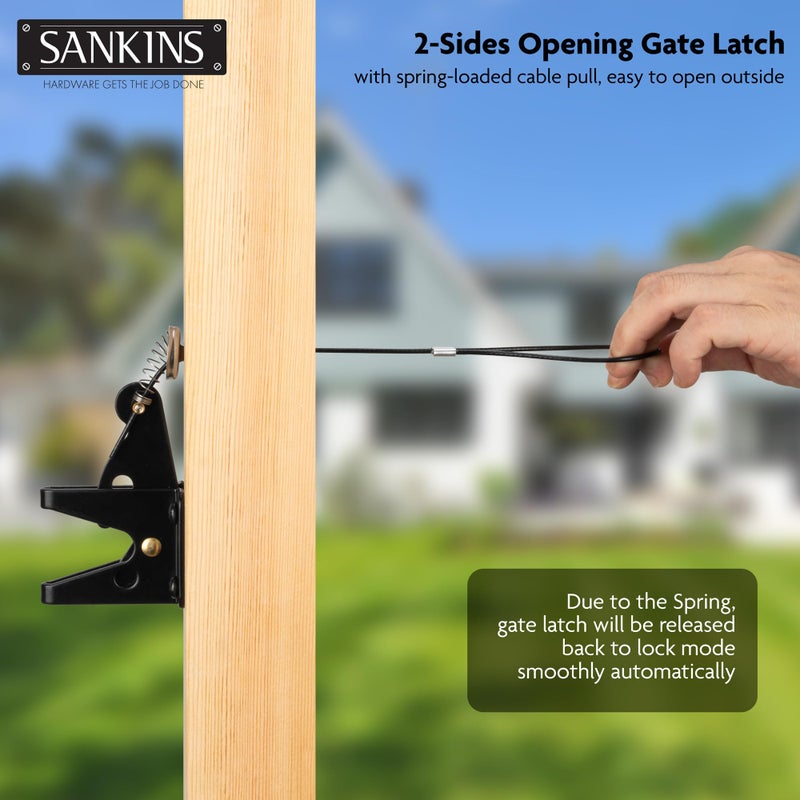 SANKINS Self-Locking Gate Latch with Spring Cable Pull for Wooden Fence Gate Heavy Duty, Post Mount Automatic Gravity Lever Gate Fence Door Latches for Wooden Fence Pool Garden Shed, Black, 2 Pcs - Image 5